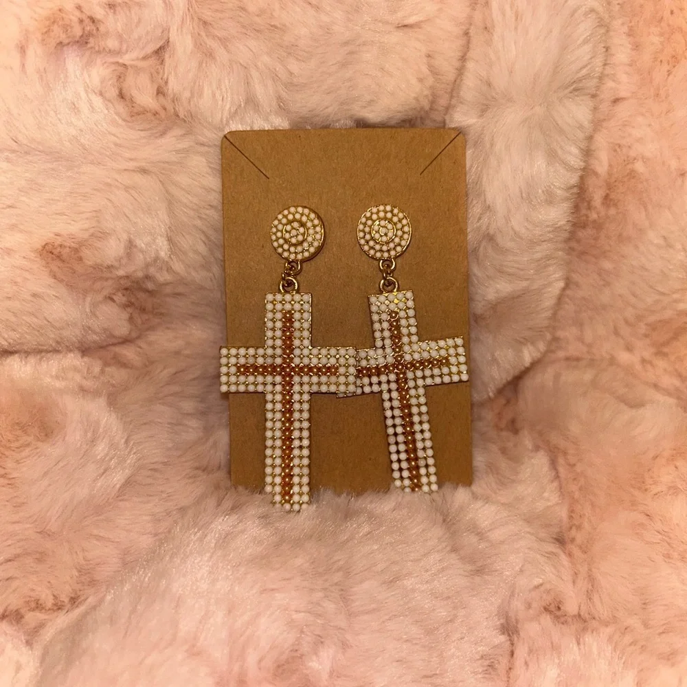 Pearl Cross Beaded Gold Dangle Earrings NWT